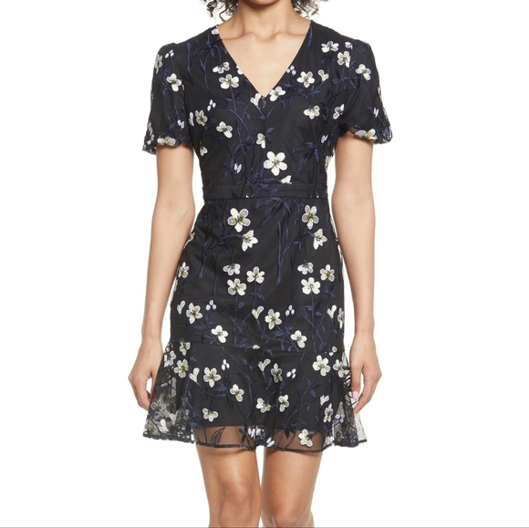 Sam Edelman Puff Sleeve Embroidery Mesh Floral Dress - Picture 1 of 5